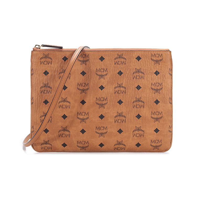MCM Pochette/Clutch con Zip in Pelle Visetos Cognac con Cinturino da Polso per Uso Quotidiano