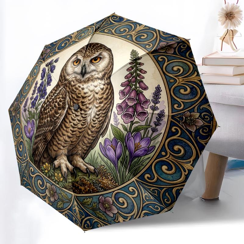 

1pc Sturdy 8-Bone Auto Umbrella, Nocturnal Owl Lunar Glow Umbrella, Digital Printed, Foldable Umbrella for On-the-Go Outdoor Use
