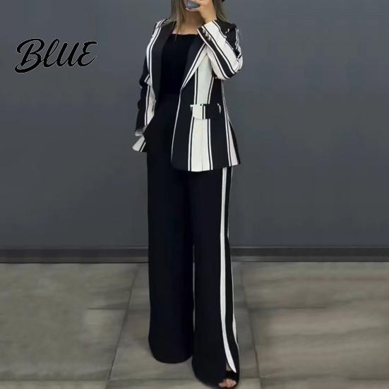 Ținută de Birou 2 Bucăți/Set Set Formal Doamnă Sacou Pantaloni Mânecă Lungă Bloc de Culoare Dungat Guler Revers Cardigan Jachetă Pantaloni Lungime Medie Crăpătură Pantalon Evazat