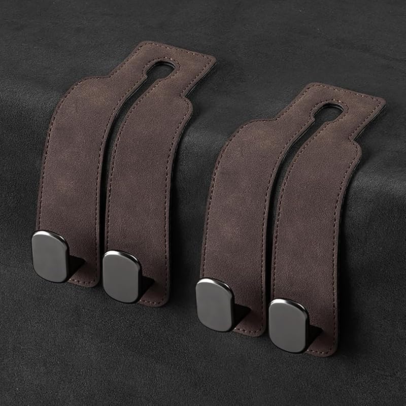 KINIVA Car Seat Headrest Storage Hooks, Set Of 2, Suede PU Leather, Double Hooks (Black)