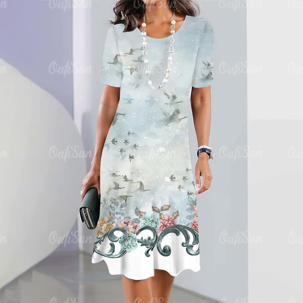 Women's Dresses 2024 Summer Women's Dresses Vintage Printing Travel Party Dresses Elegant Casual Loose Short Sleeve Blouse Y2k