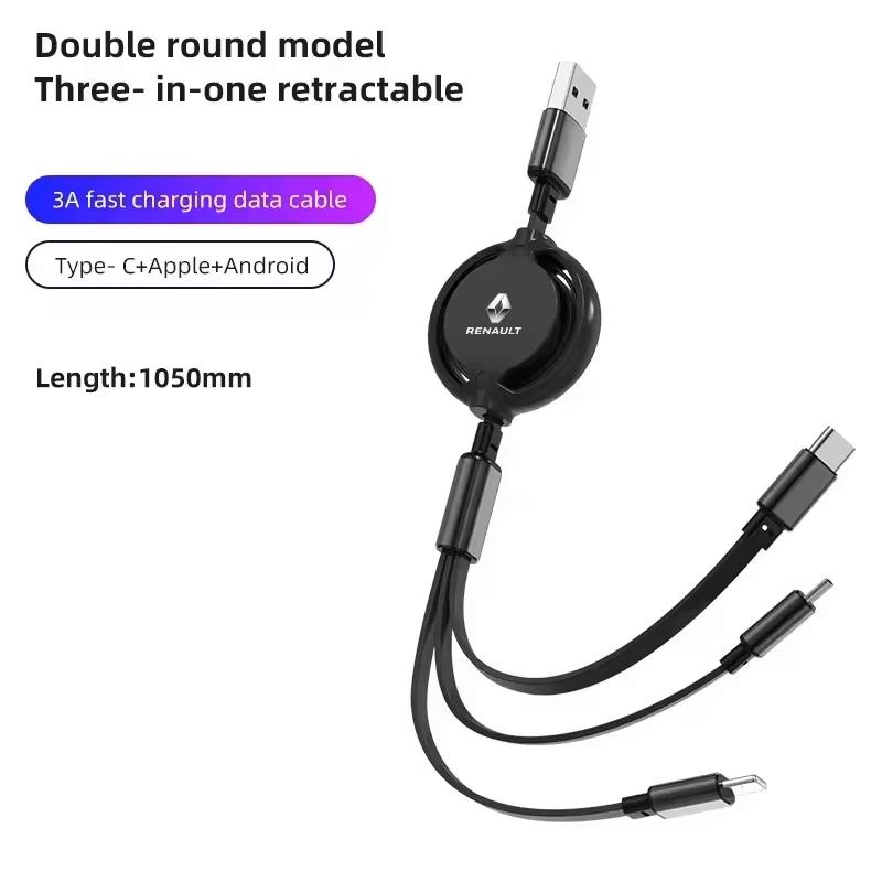 

2026 Hot For Renault Hub Caps Car 3 In 1 Retractable Micro Data Wire USB Type C Fast Charging For Renault Megane 2 3 4 Twingo Cl