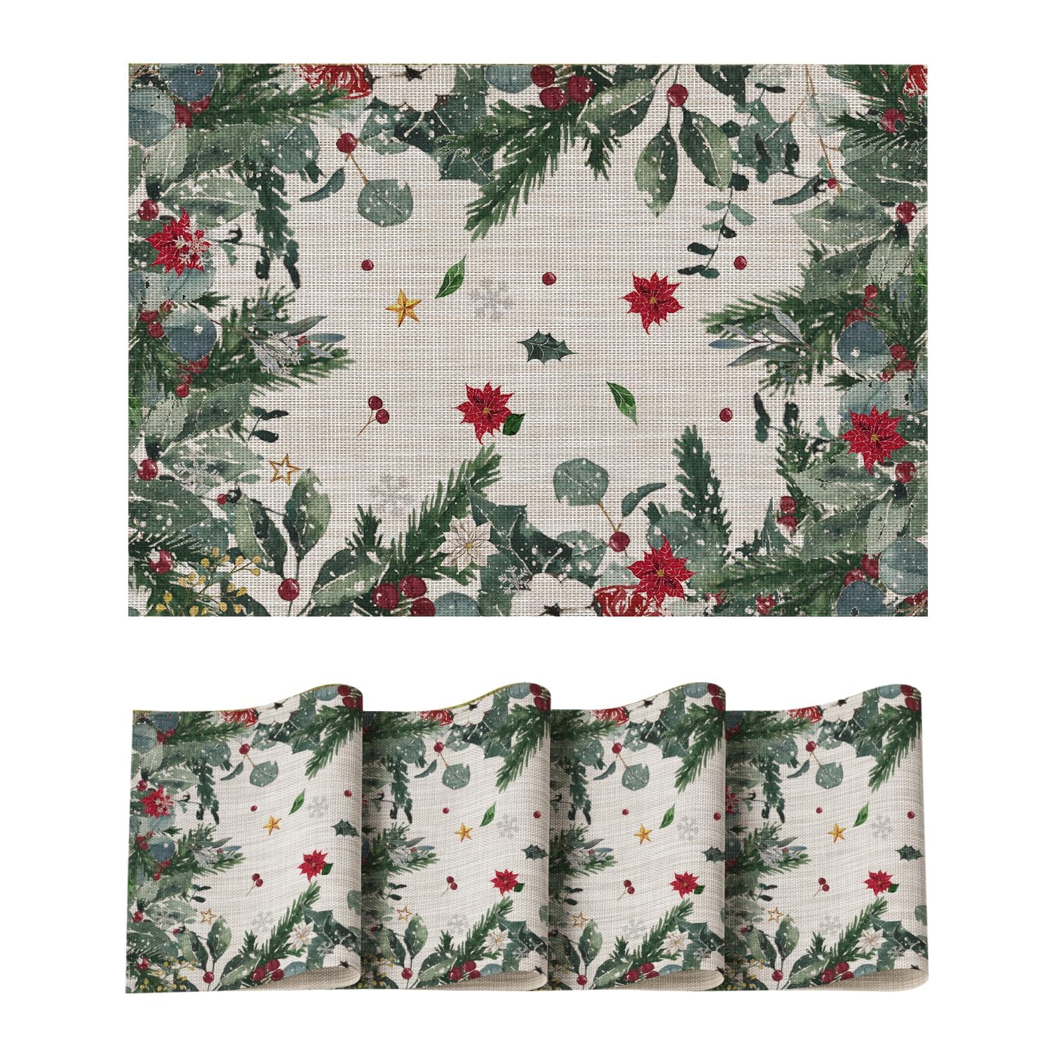

Green Leaves Poinsettia Holly Christmas Vinyl Winter Placemats Set of 4, 12x18 Inch Washable Plastic Non-Slip Woven Winter Table Mats for Dining Decor 12 x 18 , Rectangular 4 Pcs