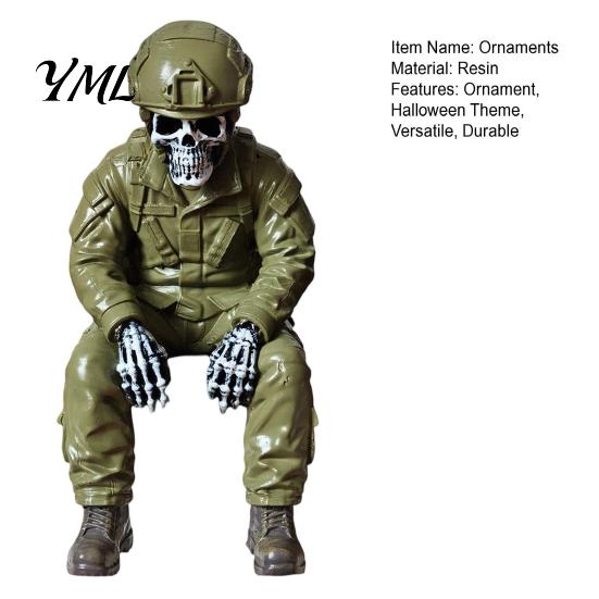 Resin Skeleton Figurines Halloween Ornament, Policeman/Military Gothic Skull Figurine, Ornaments Dark Style Sitting Pose Sculpture for Bookshelf