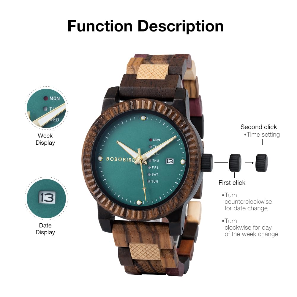 BOBO BIRD Orologio da Uomo in Legno con Movimento Analogico al Quarzo, Display Giorno-Data, Leggero Orologio in Legno Fatto a Mano (verde)
