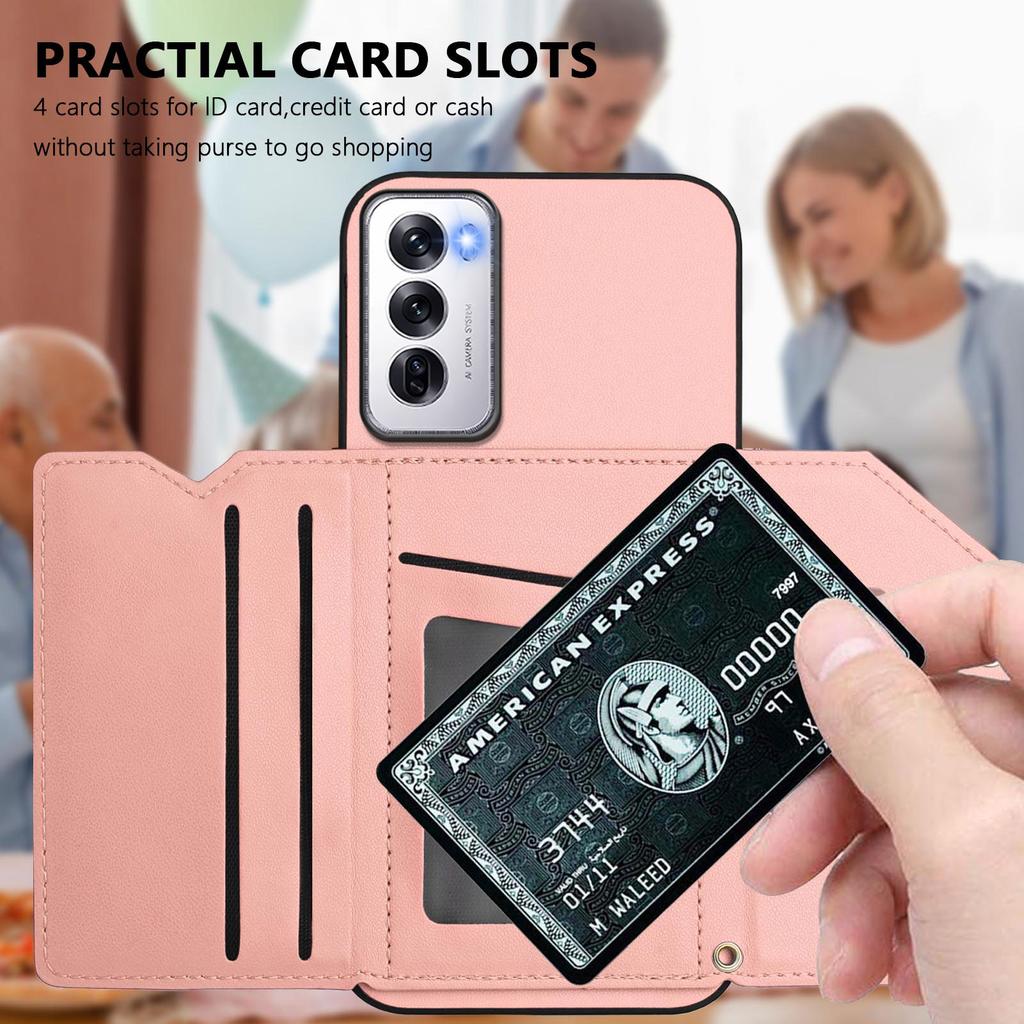 For Oppo Reno12 5G (Global) Case Card Holder Kickstand Skin-Touch Phone Cover with Wrist Strap