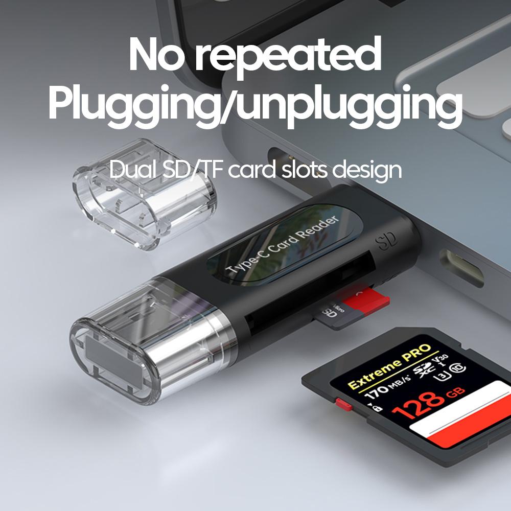 4 In 1 USB 2.0 Card Reade, Type-C & USB-A Dual Connector SD TF Memory Card Reader, Portable Micro SD/SD Card Adapter for Laptop, Android Phone, Camera