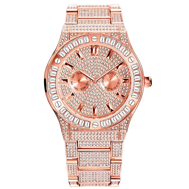 MISSFOX Mens Quartz Watch Bling Full Round Dial Waterproof 30M Classic Gold Plated Hip Hop Style