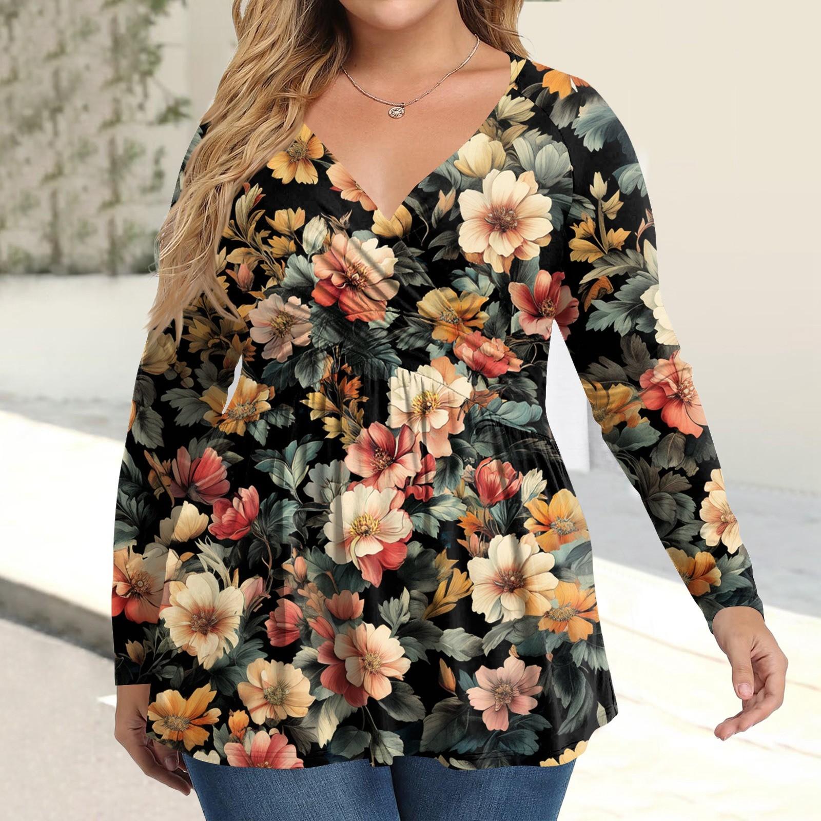 

Women s Plus Size Shirt Long Sleeve Print Top Pleated Casual V-Neck Top XXXL