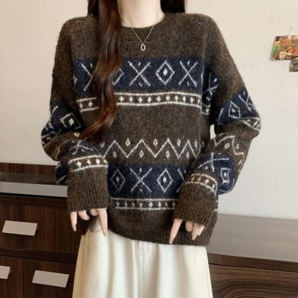 Navava Long Sleeve Knit Top With Geometric Pattern Round Neck Nk3326