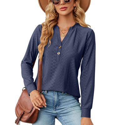Primavera e outono blusa feminina cor sólida decote em v botão jacquard solto manga comprida topo