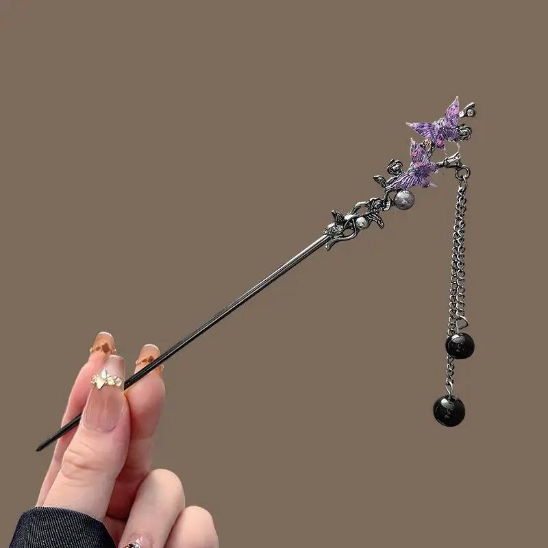 Chinese Style Flower Tassel Hairpin Vintage Floral Pearl Hair Stick Exquisite Elegant Metal Jewelry Hair Accessory