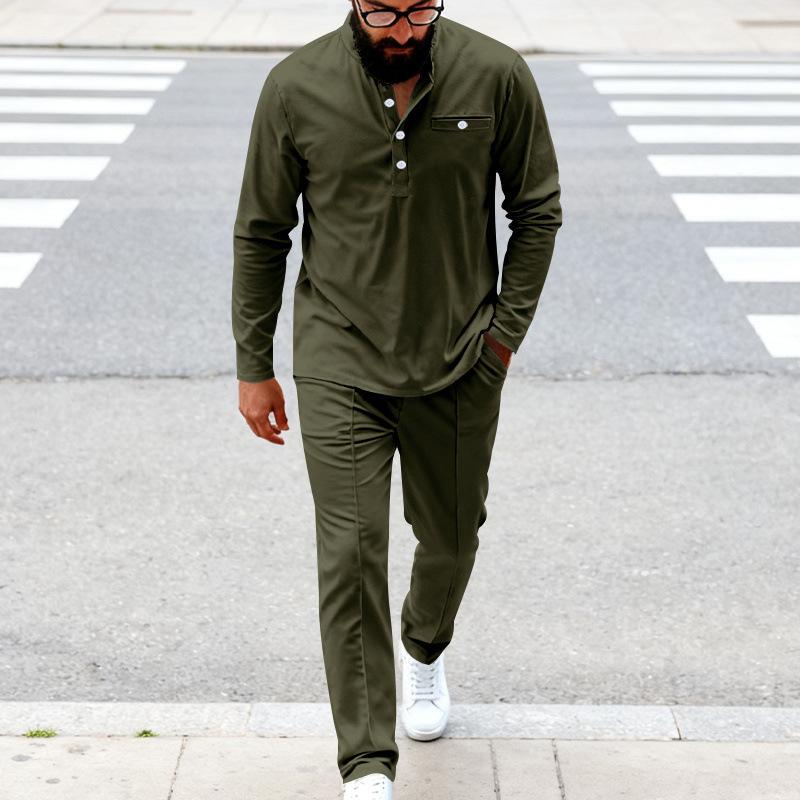 Spring and Autumn Men's Loose Retro Simple Commuting Casual Henley Shirt Long Sleeve Pants Suit
