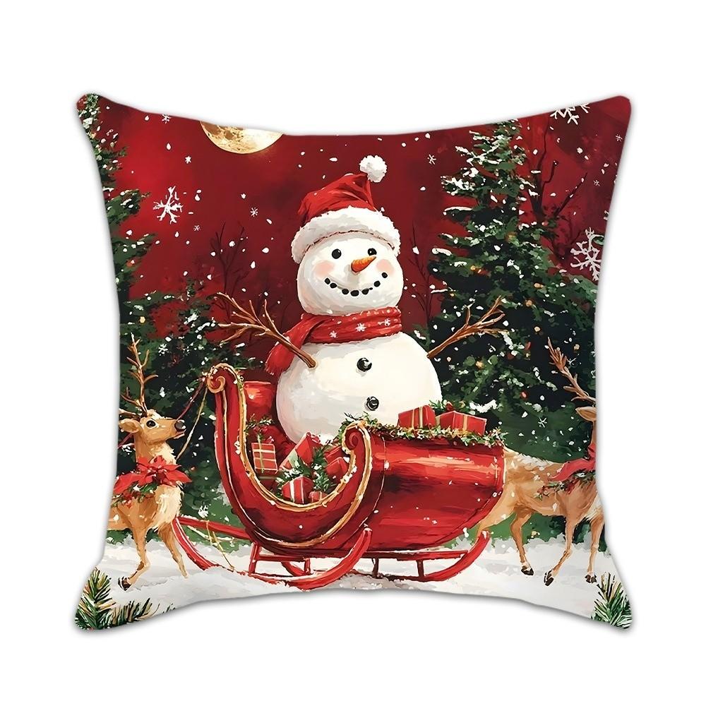 Polyester Cushion Slipcover Santa Claus & Snowman Throw Pillow Cover  for Living Room Sofa