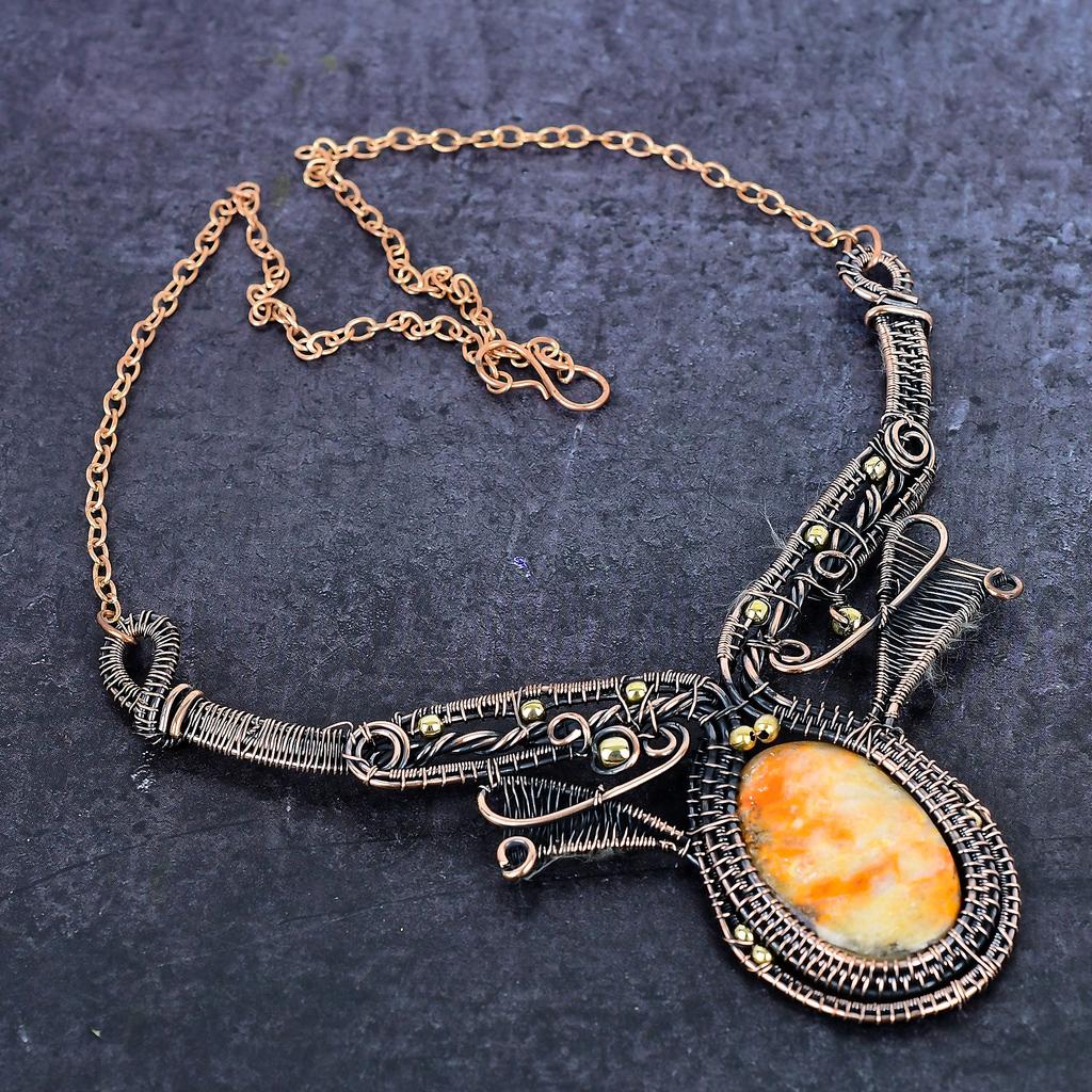 Bumble Bee Jasper Gemstone Handmade Copper Wire Wrap Jewelry Necklace 18" ET-4956