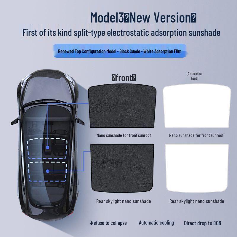 Tesla Model Y & 3 Sunroof Suede Sunshade: Electrostatic Adsorption Sun Protection & Heat Insulation