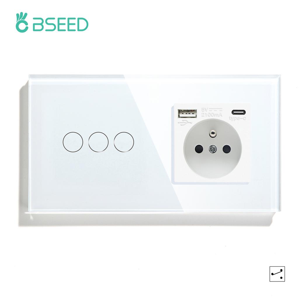 BSEED 1/2/3Gang Touch Light Switches 1/2/3Way Pass Through For Stair Plus French Standard Wall Sockets USB Type-c Charging Ports