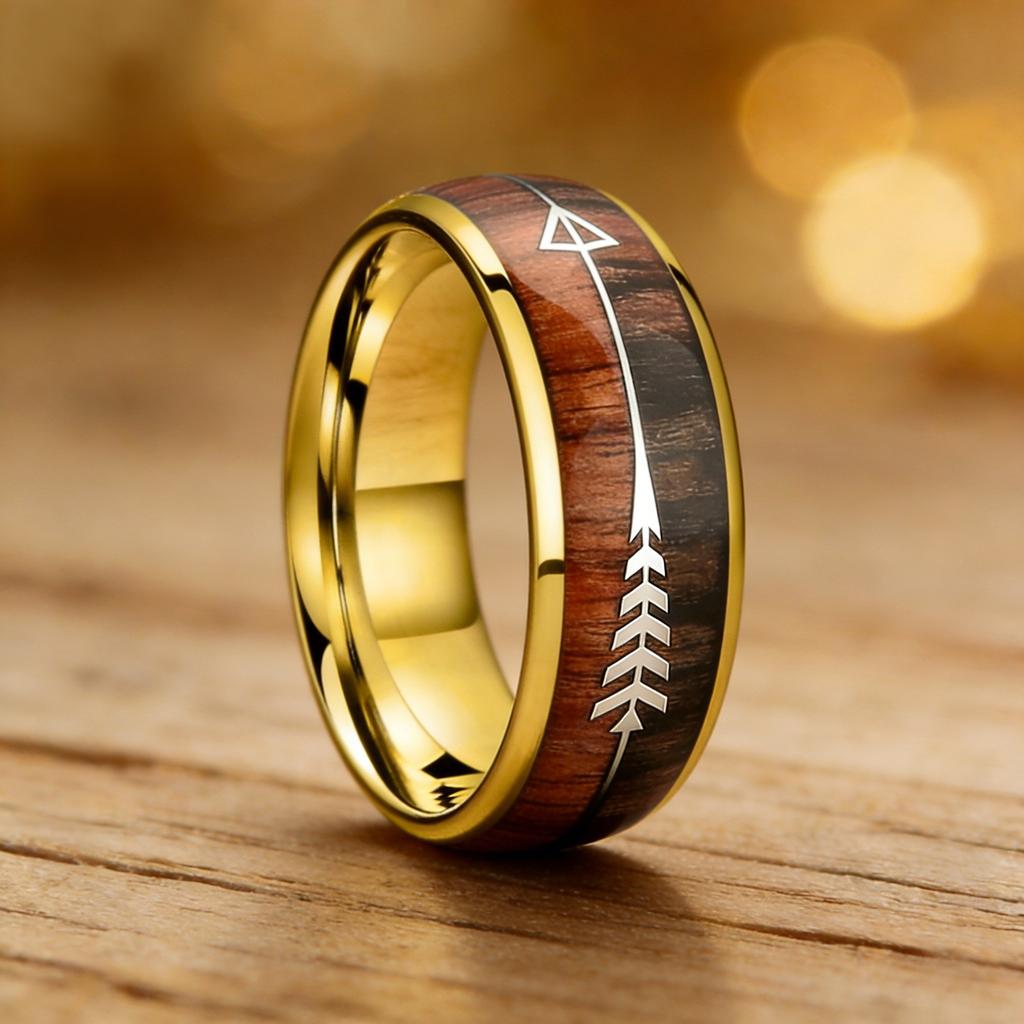 Fashion 8mm Gold Color Stainless Steel Rings for Men Women, Inlaid Arrow Hawaiian Koa Wood Rings, Men Wedding Band Jewelry