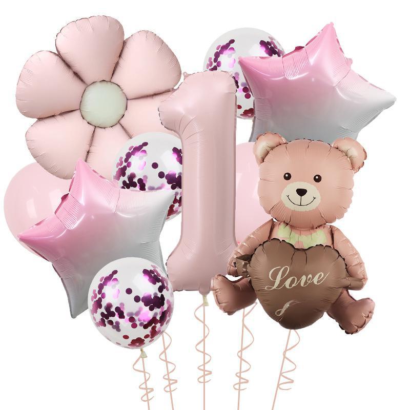 Matte Love Bear Colored Daisies 40 Inch Caramel Cream Aluminum Film Sequins Latex Balloon Birthday Set