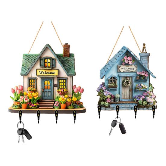 Hängendes Schild 'Feenhaus' aus Holz, Schlüsselhalter im Landhausstil Wanddeko mit 4 Haken, Vintage Blumen-Hängegestell für Eingangsbereich Flur Küche
