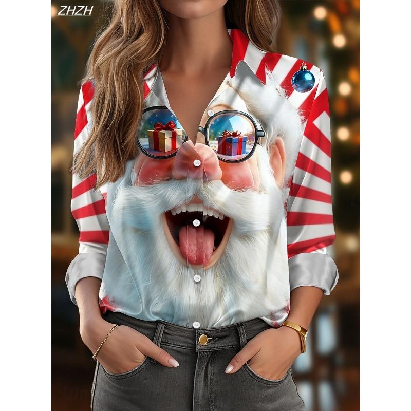 Women's Christmas Santa Blouse, Elegant Shirt Collar Design, Vintage Holiday Office Wear, Fall Winter Work Daily Fashion