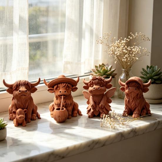 Rustic Highland Cow Ornament, Terracotta Color 3D Printed Cow Statue, Cute Highland Cow Figurine for Home Desk Shelf Farmhouse Decor