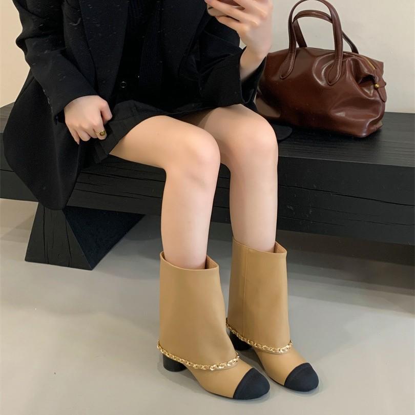 Xiaoxiangfeng trouser tube boots new round head color matching thick heel splicing sleeve high heel metal chain boots women
