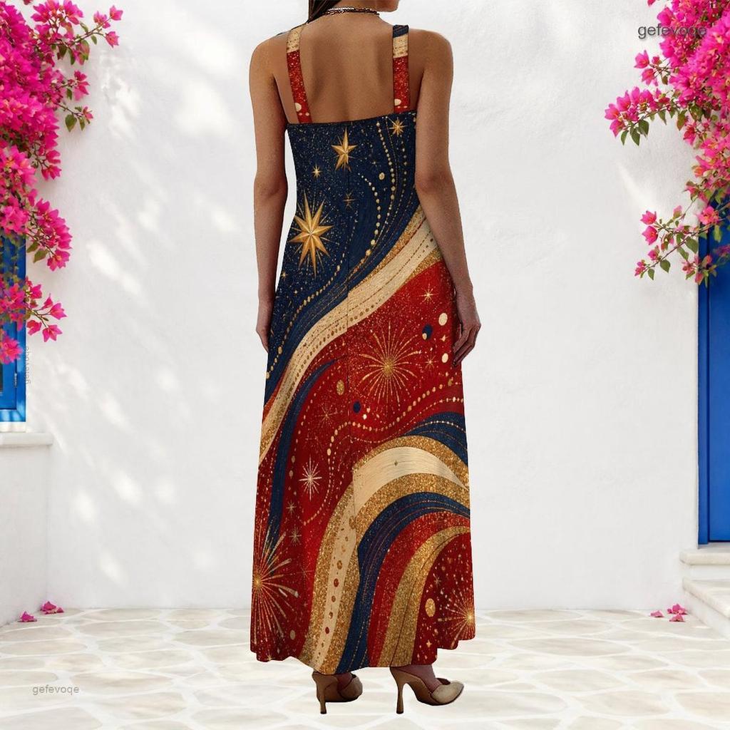 Women Plus Size Scoop Neck Strappy Sleeveless A Line White Red Printed Maxi Dress