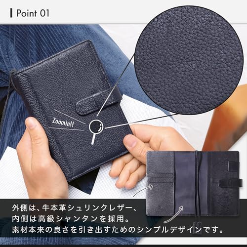 [BLUE SINCERE] A6 Size Notebook Cover, Genuine Leather, Holds 2 Books, Pen Holder, Pocket, Cards, Sticky Notes, Business Cards, Bookmark Included / NC