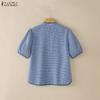 ZANZEA Women Casual Stand Collar Short Sleeve Grid Print Blouse