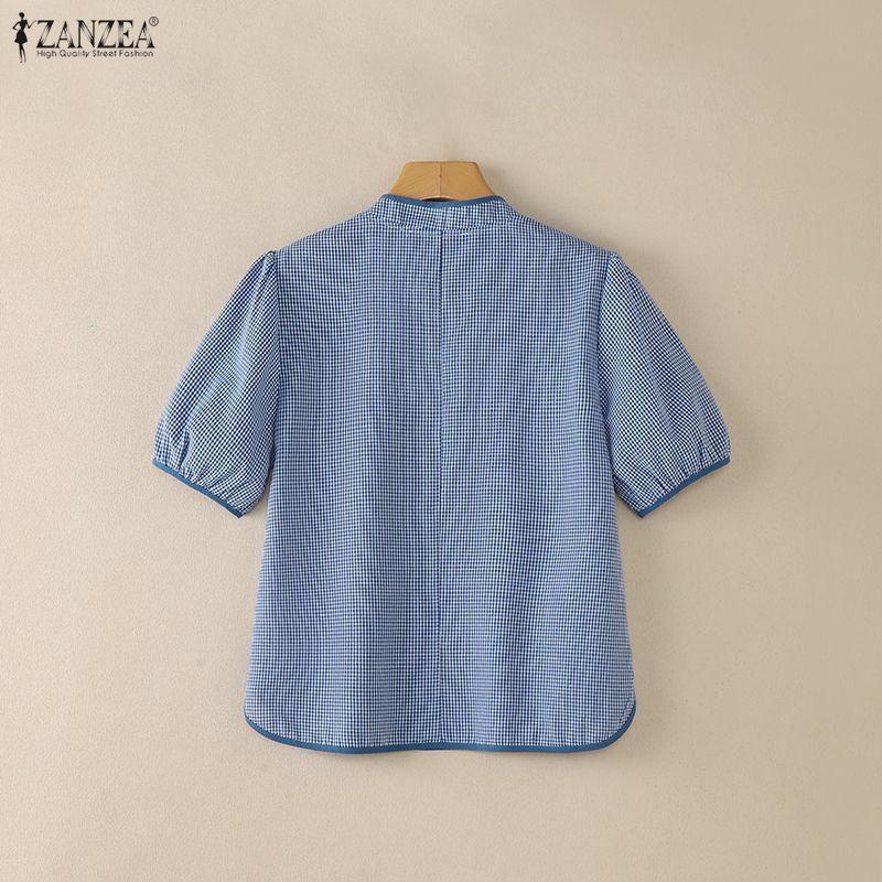 ZANZEA Women Casual Stand Collar Short Sleeve Grid Print Blouse