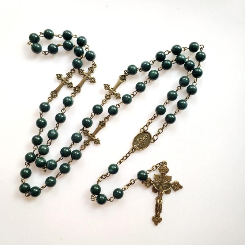 Green Pearl Beads Rosary Necklace with Medal & for Cross Crucifix Pendant Y Shape Necklace Jewelry Gifts for Women Men