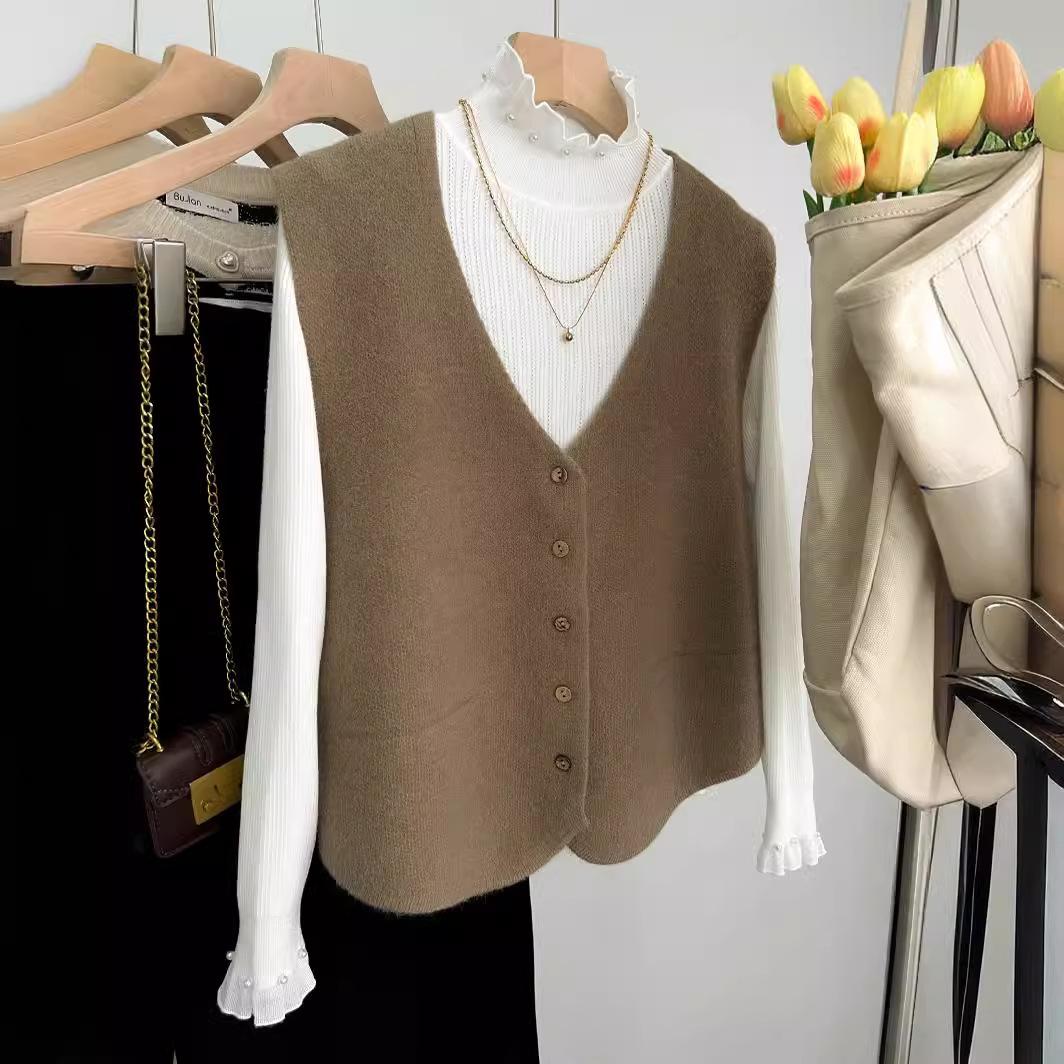 

Французская мода трикотажный жилет женский ранний весенний кардиган верхняя одежда джемпер жилет свободные топы без рукавов плечи One Size кофейный