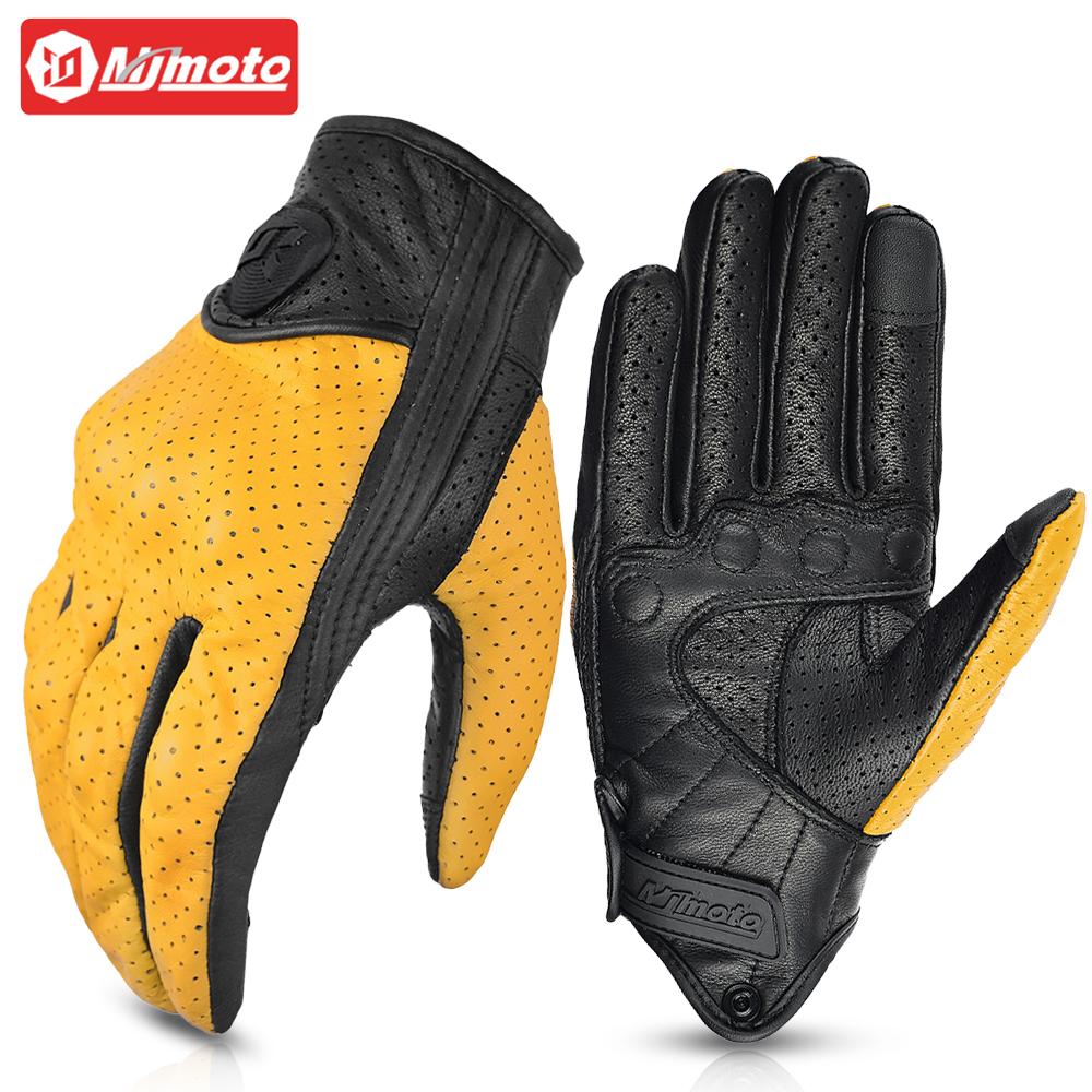 Summer Breathable Perforation Motorcycle Gloves Retro Leather Full Finger Touchscreen Built-in EVA Shell Casual Outdoor