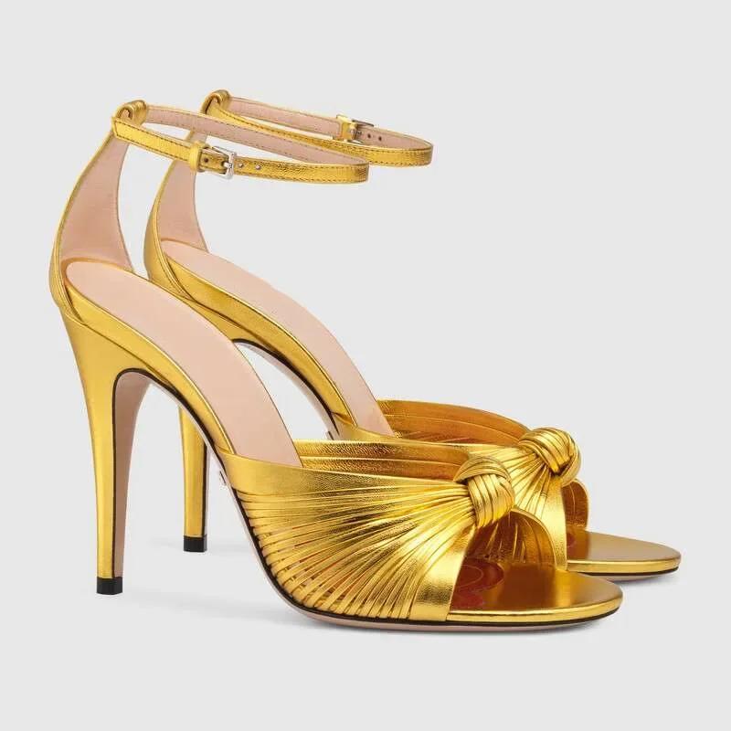 Fashion 2025 New Front Rear Strap Slingback Stiletto Heel Sandals Gold Knot Open Toe Sandals Women Novelty Sandal Solid Color Fashion