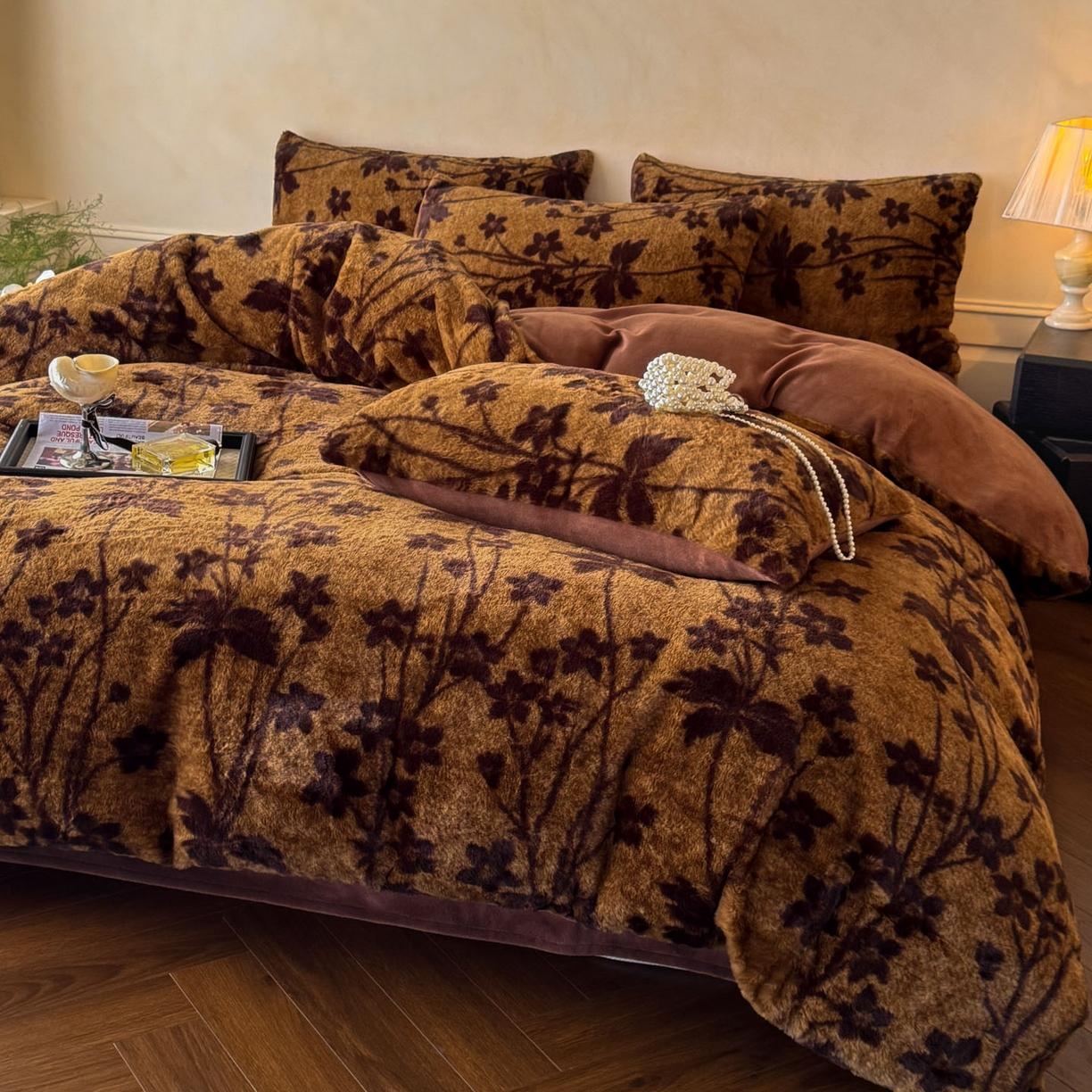 

New class A thickened imitation rabbit hair carved milk fleece four-piece set winter coffee color warm fleece quilt set 1.8m sheet 4pcs темно-коричневого кольору