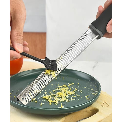 OptiPro Grater, Cheese Grating, Julienne Slicer, Garlic, Daikon, and Ginger Grater with Protective Cover and Cleaning Brush (Black)