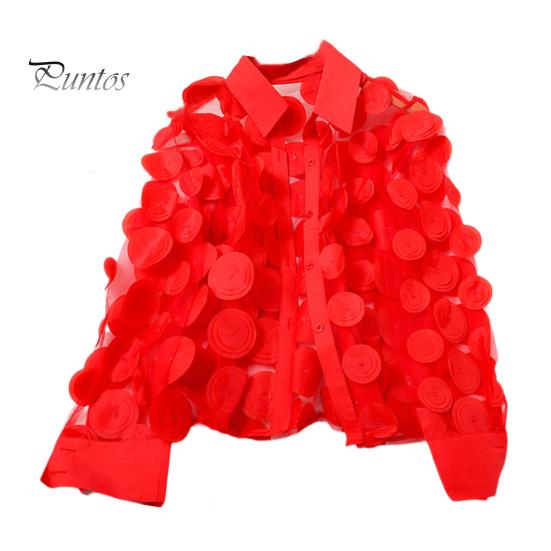 Women Summer Chiffon Shirt Lapel Lantern Long Sleeve Shirt Tops 3D Floral Print Semi-Sheer Mesh Splicing Single Breasted Blouse