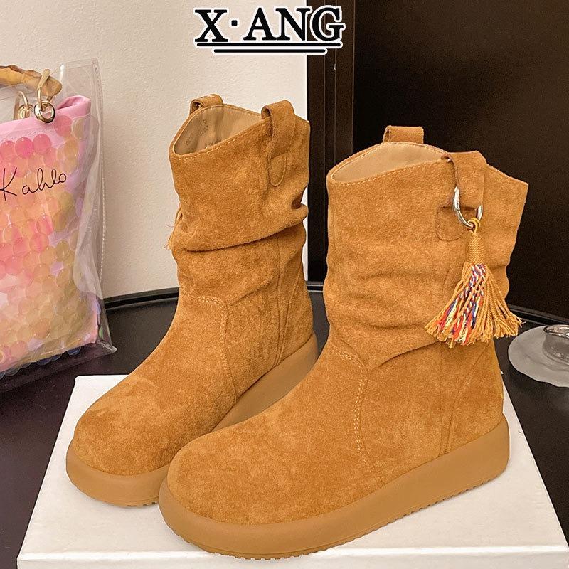 

Maillard Brown Boots Women s Leather Short Boots Pleated Pile Boots Western Cowboy Boots Medium Martin Boots 40