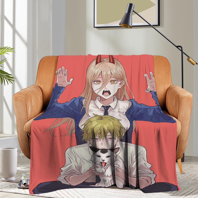 Anime Flannel Blanket Sofa Chainsaw Man Microfiber Bedding Bed Fleece Camping Warm Winter King Size Fluffy Soft Blankets