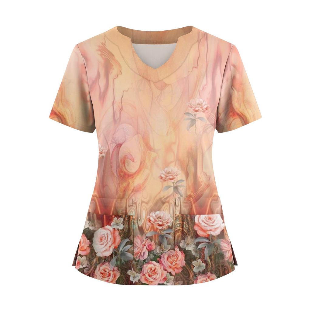 Damen locker kurzärmlig modisch geometrischer Druck von Pflanzen und Blumen Druck V-Ausschnitt knopfbar Seitenschlitz Oberteil T-Shirt