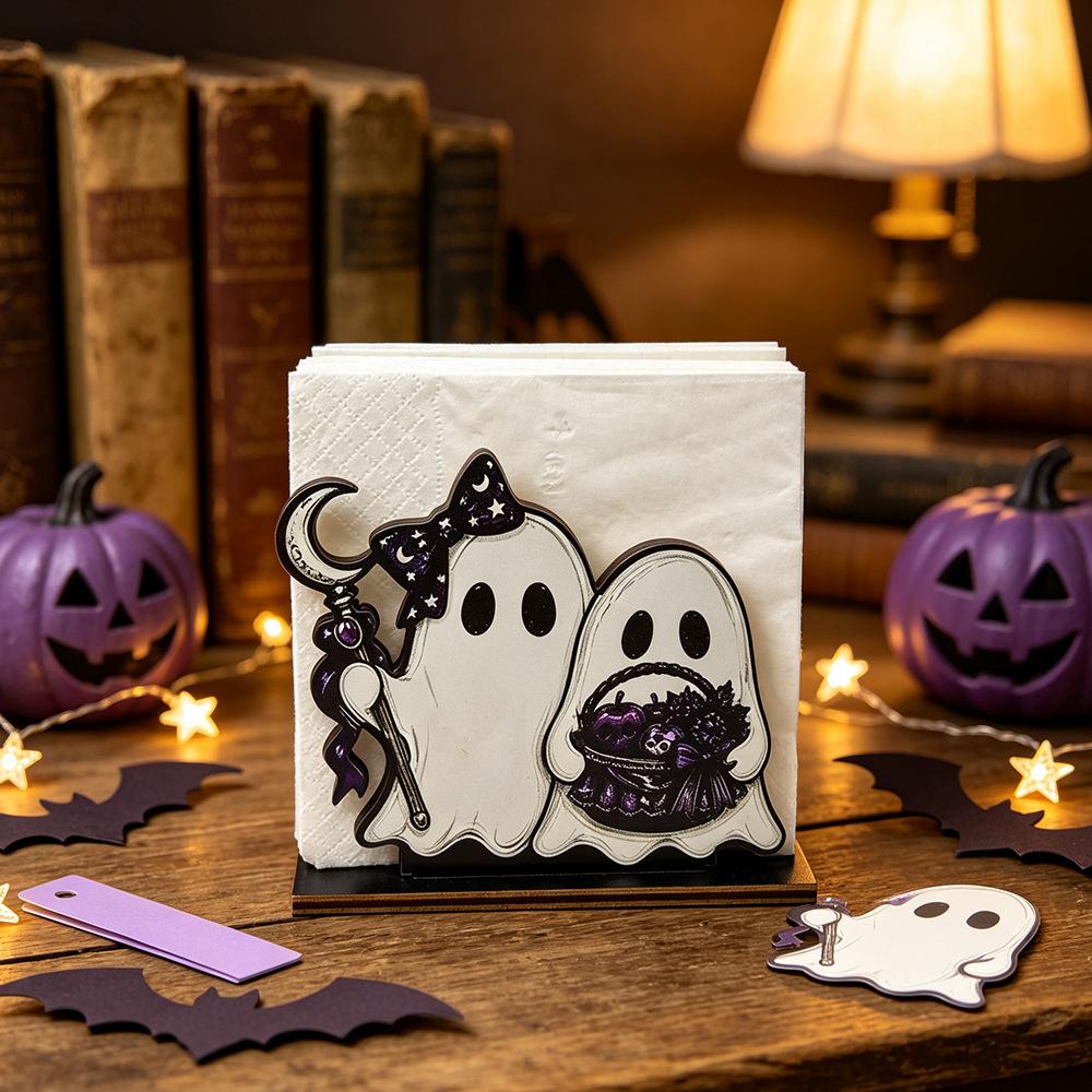 Halloween Cute Black Cat Fox Ghost Wooden Napkin Holder for Festive Table Decoration, Paper Towel Storage Rack with Festive Atmosphere