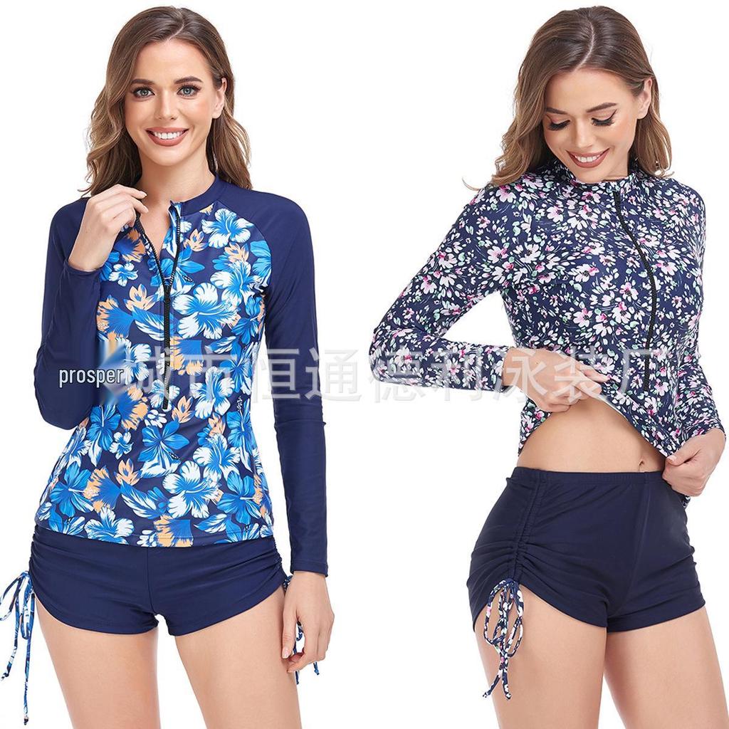 2023 Fashion Print Long Sleeve Slimming Split Bikini Set