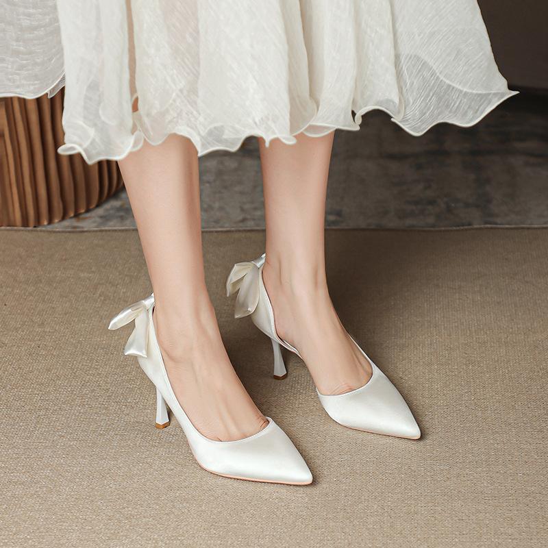 New Side Empty High Heels Women's Thin Heels Satin White Light Mouth Versatile Single Shoes Size