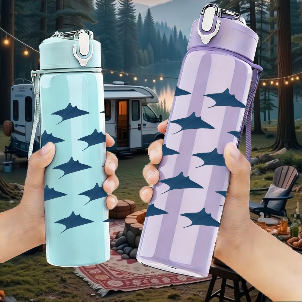 1PC Dark Blue Small School Of Fish Pattern Print 750ml Color Plastic Sports Water Bottle Leakproof Flip Straw Lid Suitable for Sports Office Home Use