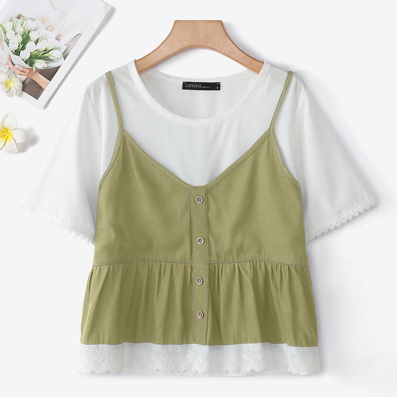 

ZANZEA Женские повседневные футболки с круглым вырезом и лоскутным дизайном, летние, с коротким рукавом 4XL