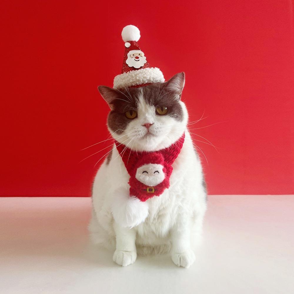 New Pet Cat Knitted Scarf Red Soft Neck Warmer Bandana with Fuzzy Pompom Christmas Decor Dogs Xmas Costume for Winter