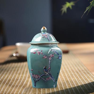 Ceramic Ginger Jar, Flower Pot Tea Canister with Lid Centerpiece Porcelain Jar Floral Arrangement