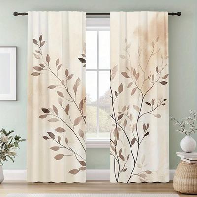 2Pc Autumn Leaf Print Curtains, Polyester Fabric, Machine Washable, Suitable For Bedroom And Living Room Decoration