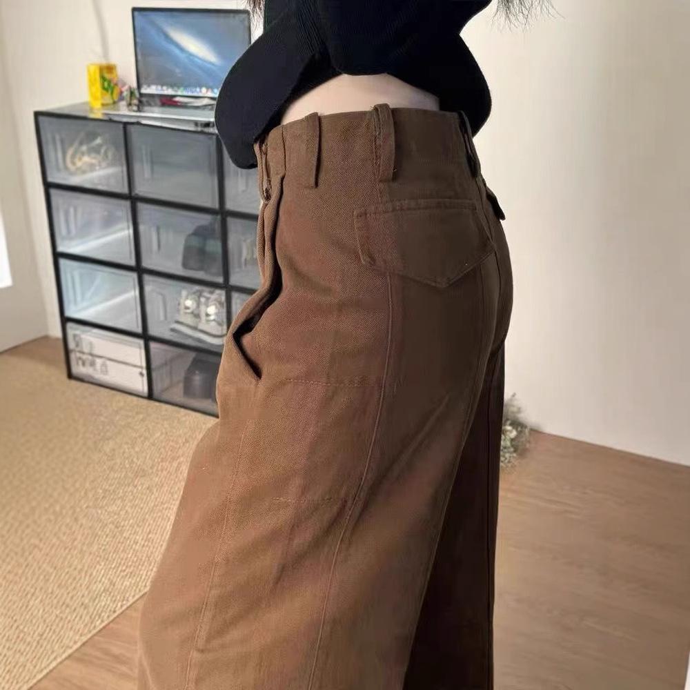 Kaffee High Waist Weitbeinjeans für Damen Frühling Neu Locker Gerade Lässigkeitsstil Hosen